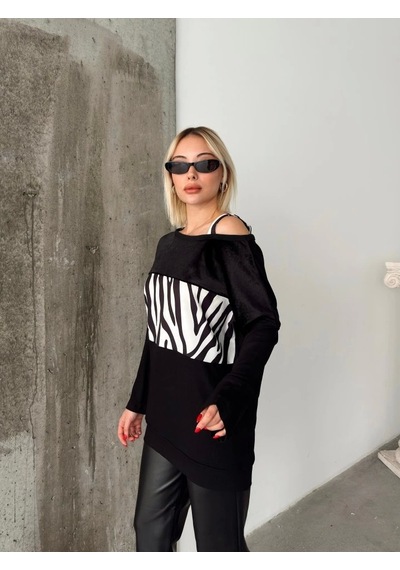 Saklımoda Kadın Kadife Kumaş Zebra Desenli Omuz Detay Uzun Kollu Bluz Zebra