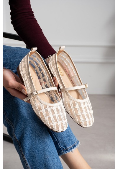 Dabab Shoes Rıvena Kadın Ekru Tül Üzeri Nakış Detaylı Kare Burun Üstten Bantlı Düz Taban Mary Jane Babet