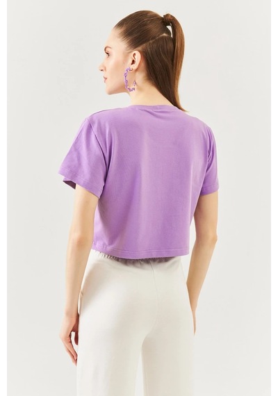 Kadın Rahat %100 Pamuklu Penye Bisiklet Yaka Kısa Kol Basic Crop T-shirt Lila