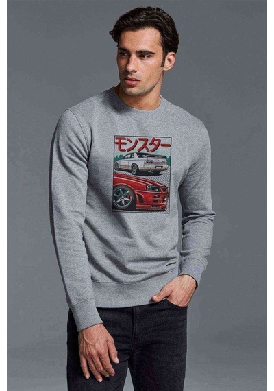 Nissan Skyline Gtr R32 & R34 Baskılı Gri Erkek Örme Sweatshirt