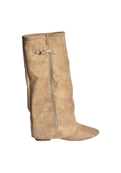 Fox Shoes V380526402 Vizon Süet Düz Taban Fermuar Detaylı Kadın Çizme Vizon