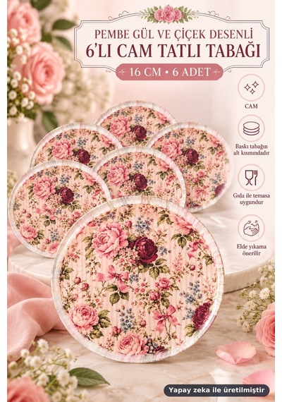 6'lı Cam Tatlı Tabağı - Pembe Gül Ve Çiçek Desenli 16 Cm - 6 Adet Pasta Tabak