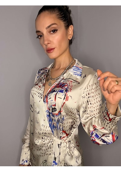 Ali Butik Desenli Kruvaze Bağlamalı Saten Gömlek Beyaz