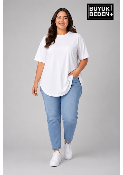 Superlife Büyük Beden Kadın Bisiklet Yaka Basic Oval Etek Detalylı 3xl-6xl Uzun Tunik Spr26btsk502 Beyaz