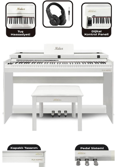 Midex PLX-140 PRO-WH Dijital Piyano Tuş Hassasiyetli Bluetooth 88 Tuşlu Kapaklı +Kulaklık +Tabure Midex PLX-140 PRO-WH Dijital Piyano Tuş Hassasiyetli Bluetooth 88 Tuşlu Kapaklı +Kulaklık +Tabure