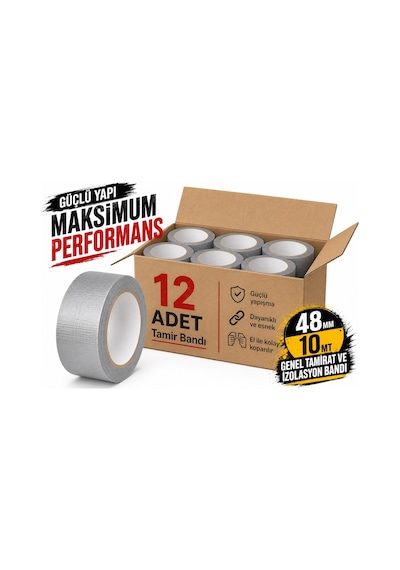 Sanplaza Gri Tamir ve İzolasyon Bandı 48mm 10mt Suya Dayanıklı Duct Tape Sırdırmazlık Bandı 12 Adet