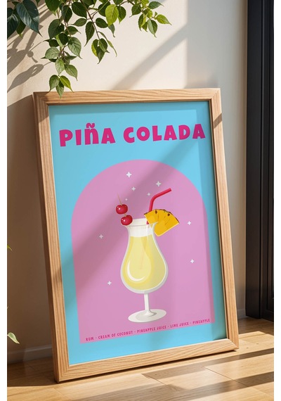 Pina Colada Temalı Renkli Çerçeveli Tablo Modern Mutfak Ve Bar Duvar Dekoru Kayın