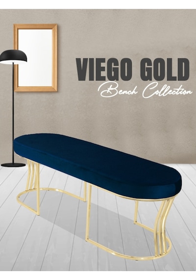 Viego Gold Smooth- Mavi Kapitoneli Model Puf & Bench & Koltuk- Oturak-uzun Makyaj Puff-yatak Odası Ucu &önü