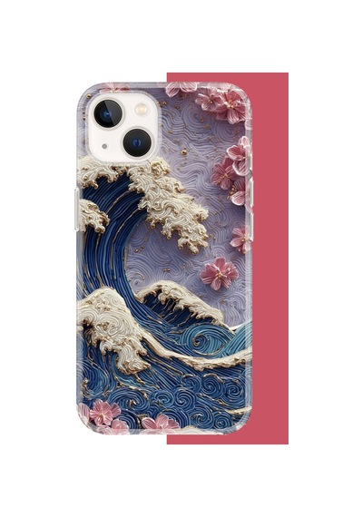 İphone 13-14 Uyumlu Mavi Dalga Ve Pembe Çiçekler Uv Baskılı Silikon Kılıf Renkli