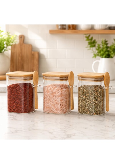 3'lü 500 Ml Kaşıklı Cam Kavanoz Seti, Bambu Kapaklı Şeffaf Baharatlık Ve Saklama Kabı, Kahve Çay Şeker Tuz Ve Kuru Gıda İçin Çok Renkli