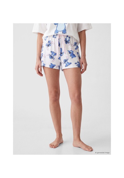 Lcw Young Ekru Beli Lastikli Stitch Baskılı Kadın Şort Pijama Altı
