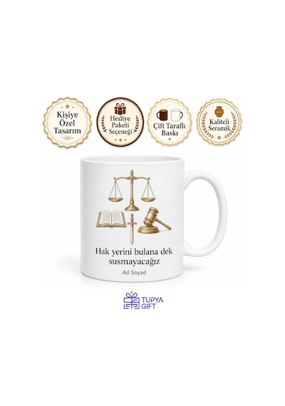 Hukuk Adalet Terazisi Avukat Cübbe Kanun Kitabı Temalı Porselen Kupa Bardak Hediye Beyaz / Çok Renkli