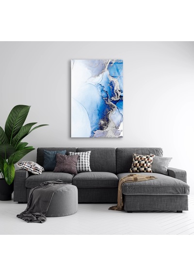 Mavi Mürekkep Mermer Cam Tablo Yatay 50x70 Cm