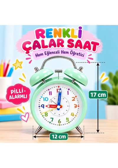 Eğitici Ve Eğlenceli Renkli Çalar Saat Pilli, Metal Gövdeli Çocuk Saati Turkuaz