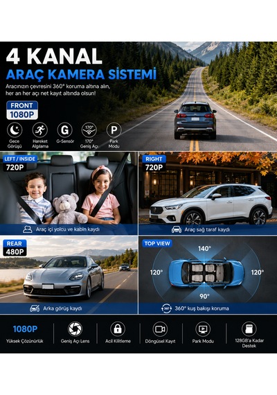 4 Kanal 1080p Araç Kamera Sistemi Ön Arka Sol Sağ Kayıt, 170 Geniş Açı, Gece Görüşü, G-sensör, Park Modu