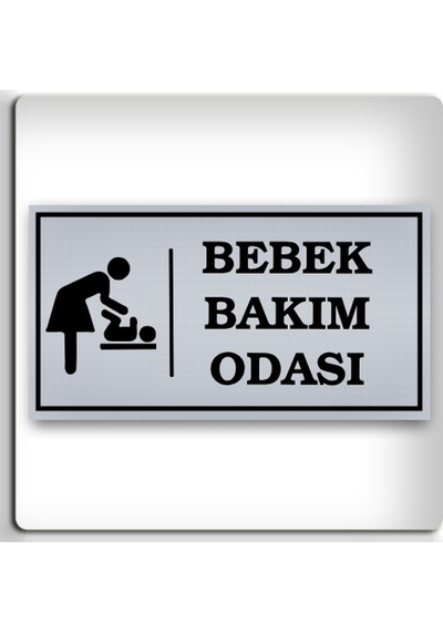 Bebek Bakım Odası - Yönlendirme Levhası - Kendinden Yapışkanlı Metalik Gümüş Gri Tabela 8x15 Cm