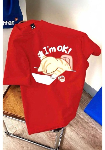 Yorgun Kedi İllüstrasyonlu Unisex Tasarım Tişört Kirmizi