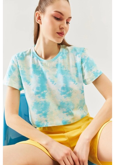 Kadın Oversize Rahat %100 Pamuklu Penye Bisiklet Yaka Kısa Kol Basic Crop T-shirt Batik Doğa