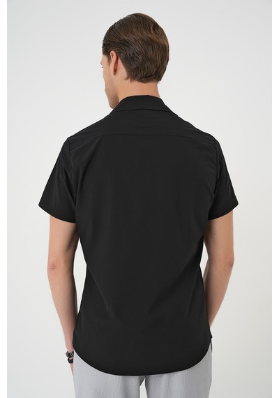 Efor Slim Fit Apaş Yaka Kısa Kol Esnek Casual Siyah Gömlek G 1589 Siyah