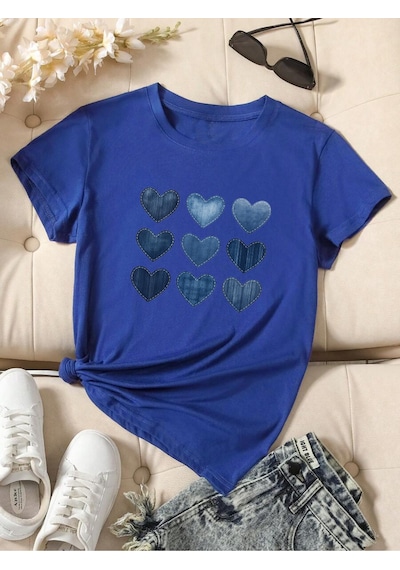 Uyguntarz Unisex Jean Desenli Kalp Tasarım Basklı Tshirt Mavi