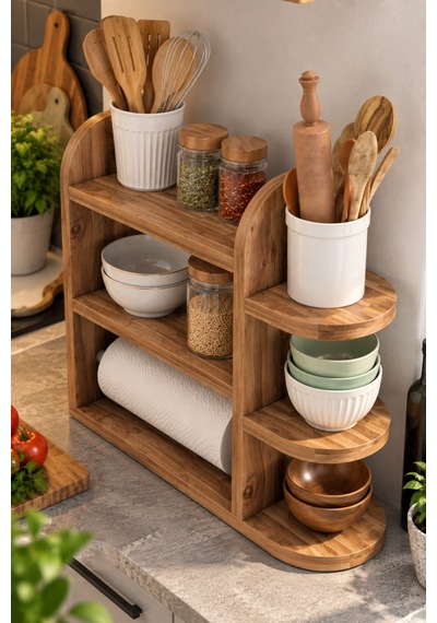 Sulorahome Çam Desenli Mutfak Düzenleyici Raf Ve Kağıt Havlu Askılı Stand Atlantik Çam