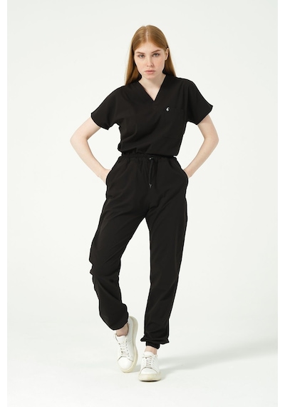 Siyah Likralı Scrubs Jogger Paça Doktor Hemşire Forması Yarasa Kol Takım Unisex
