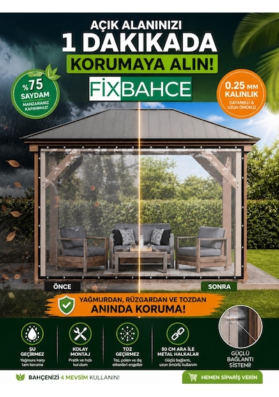 Fixbahçe 5.5mx2.5m Şeffaf Pvc Rüzgar Geçirmez Naylon Branda Beyaz
