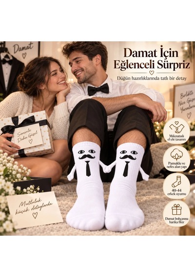 Womanandkids Wak Mıknatıslı Damat Çorabı Erkek Beyaz Bıyık Kravat El Ele Tutuşan Düğün Çeyiz Bohça Eğlenceli Çora