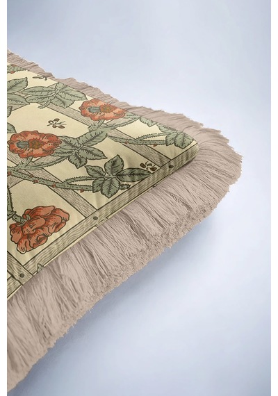 Lüks Kuşlu Saçaklı Yastık Kılıfı - Vintage Bahçe Rustik Sarı Püsküllü Kırlent Kılıfı Gün Batımı Camel