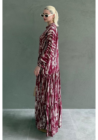 Madmext Bordo Desenli Önü Düğmeli Uzun Kollu Elbise Mg2398 Bordo
