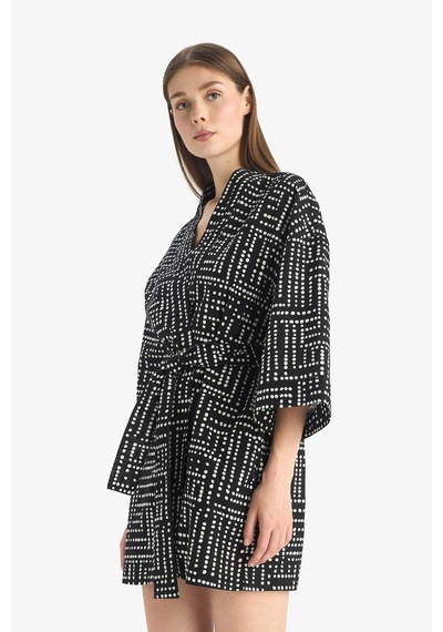 Defacto %100 Pamuk Regular Fıt Desenli Kuşaklı Kimono D0453AX24SM Siyah