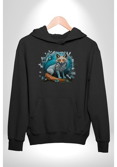 Beyaz Kurt Altın Maske Doğa Kadın Erkek Siyah Kapüşonlu Sweatshirt Hoodie Siyah