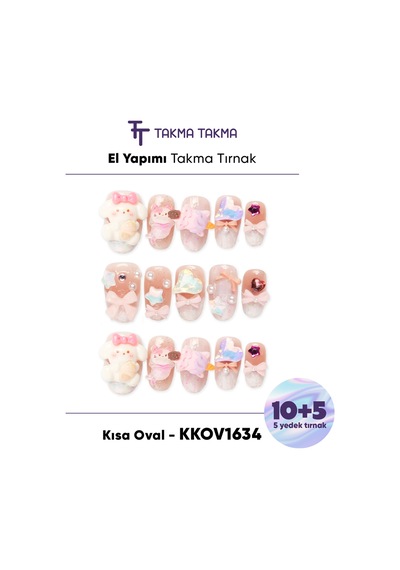 Kkov1634 Renkli Kısa Oval 15'li Tekrar Kullanılabilir El Yapımı Protez Takma Tırnak L