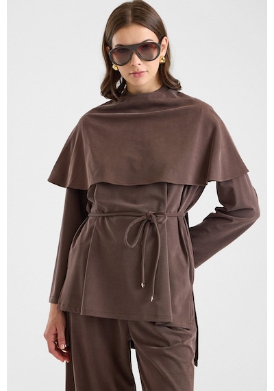 Olcay Şal Aksesuarlı Premium Kumaş Tunik Pantolon Kahve 9470-tk