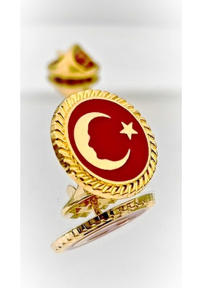 Yörük Tasarım Türk Bayrağı Atatürk Siluetli Altın Kaplama Mineli Yaka Rozeti Altın