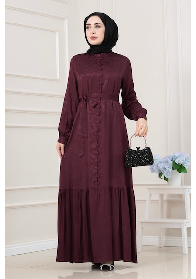 Jakar Desenli Düğmeli Abiye Elbise-bordo-5705