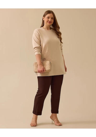 Gala-xi Kadın Büyük Beden Çiçek İşlemeli Sweatshirt 10002512314003 Bej