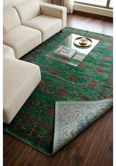 Miras Yeşil Klasik Çiçek Desenli Kalın Dokuma Kilim Halı