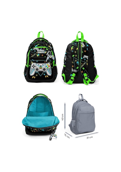 Coral High Erkek Çocuk Üç Gözlü İlkokul Çanta Seti - Siyah Fosforlu Yeşil Gamer Desenli