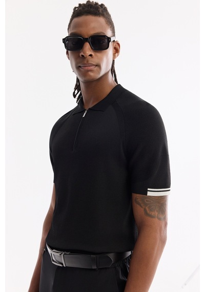 Avva Erkek Siyah Polo Yaka Fermuarlı Rayon Karışımlı Regular Fit Triko T-shirt A61y5009