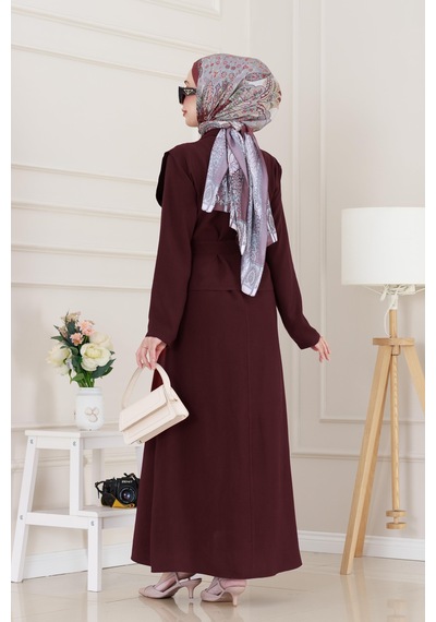 Sevitli Tensel Yelekli Asel Elbise-bordo-5042 Bordo