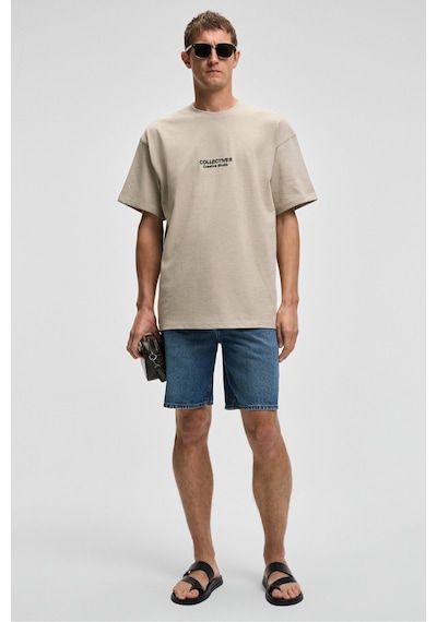 Grımelange COLLECTIVE Erkek Ön Nakış Arka Baskı Detaylı %100 Organik Pamuk Oversize Kısa Kol Taş Rengi T-Shirt