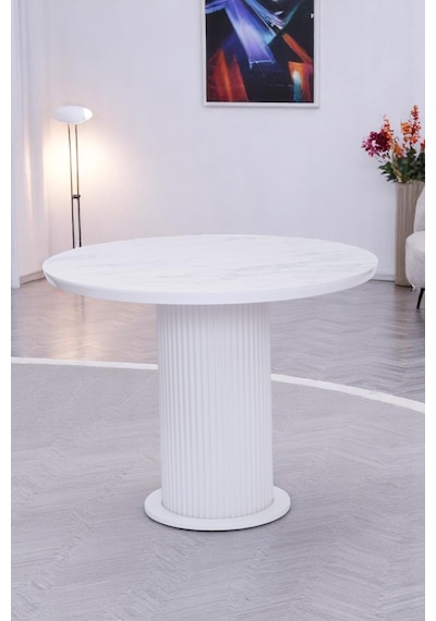 Bohem Yuvarlak Lak Panel Mutfak Masası 100cm Beyaz Mermer