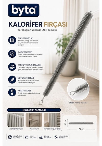 Kalorifer Peteği Temizleme Fırçası Esnek Uzun Radyatör Ve Havlupan Temizlik Fırçası 70 Cm