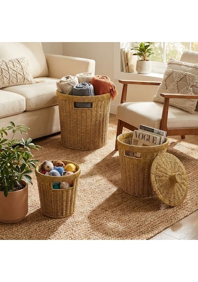 Buffer 3 Lü İç İçe Geçebilen Büyük Plastik Rattan Hasır Sepet Seti-dayanıklı Çok Amaçlı Ev,banyo Ve Mutfak Düzenleyici Kahverengi