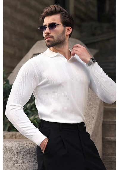 Madmext Beyaz Regular Fit Polo Yaka Triko Erkek Kazak E7509