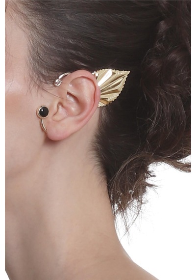 Kadın Altın Renk Lak Kaplama Taşlı Yaprak Stilizesi Sol Kulak Earcuff & Kıkırdak Küpe Çok Renkli