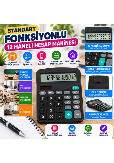 Standart Fonksiyonlu 12 Haneli Geniş Lcd Ekran,pill Masaüstü Hesap Makinesi Adet Fiyatıdır Çok Renkli
