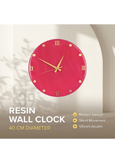 Dekoratif Epoksi Duvar Saati 40 Cm, Fuşya Pembe Modern Tasarım, Altın Detaylı, Sessiz Mekanizma, Yeni Ev Hediyesi Pembe