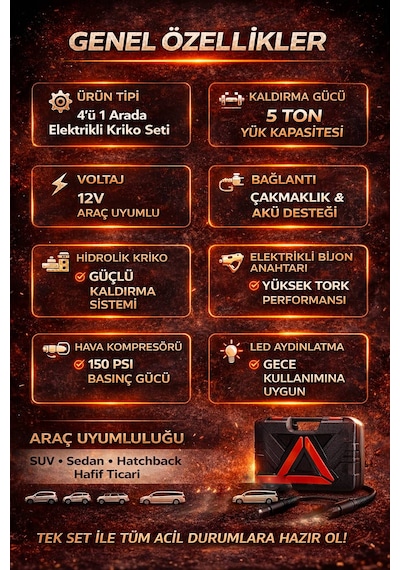 4 Ü 1 Arada Elektrikli Kriko Seti 5 Ton 150 Psı Hava Pompası Bijon Anahtarı Led 12v